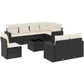 vidaXL 9-delige Loungeset met kussens poly rattan zwart