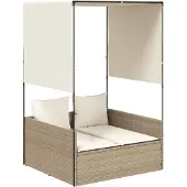 vidaXL Dubbele ligbed met zonnedak en gordijnen, beige, polyrotan