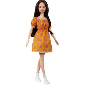 Mattel Barbie Fashionistas Poppen #160 met Lange Bruine Haar in Oranje Jurk, Witte Schoenen & Gele Choker, Speelgoed voor Kinderen 3-8 Jaar