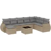 vidaXL 9-delige Loungeset met kussens poly rattan beige