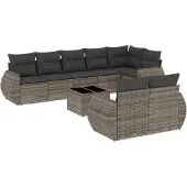 vidaXL 9-delige Loungeset met kussens poly rattan grijs
