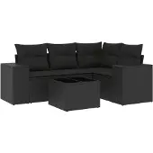 vidaXL 5-delige Loungeset met kussens poly rattan zwart