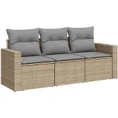 vidaXL 3-delige Loungeset met kussens poly rattan beige