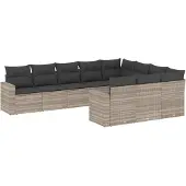 vidaXL 10-delige Loungeset met kussens poly rattan lichtgrijs