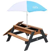 Axi Nick Zand & Water Picknicktafel in Antraciet/Bruin - Met Parasol in Blauw/Wit - Multifunctionele Picknick tafel van FSC hout - Picknick tafel voor kinderen van hout