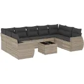 vidaXL 10-delige Loungeset met kussens poly rattan lichtgrijs