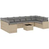 vidaXL 11-delige Tuinset met kussens poly rattan beige
