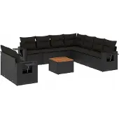 vidaXL 10-delige Loungeset met kussens poly rattan zwart