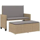 vidaXL Tuinbank met kussens en voetenbank poly rattan beige