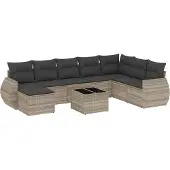 vidaXL 9-delige Loungeset met kussens poly rattan lichtgrijs
