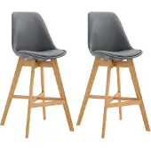 CLP Set van 2 barkrukken Cannes, bekleed met kunstleer, met rugleuning en voetsteun | Kleur: grijs, frame: naturel