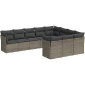 vidaXL 10-delige Loungeset met kussens poly rattan grijs