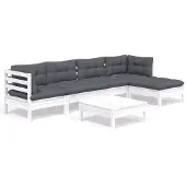 vidaXL 6-delige loungeset voor de tuin met kussens, wit, van grenenhout
