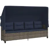 vidaXL Ligbed met luifel en kussens poly rattan grijs