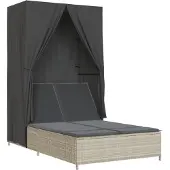 vidaXL Ligbed tweepersoons met dak en gordijn poly rattan lichtgrijs