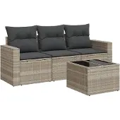 vidaXL 4-delige Loungeset met kussens poly rattan lichtgrijs