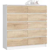 Akord Ladekast K120 met 10 Lades / Furniture Factory / Wit – Sonoma Eik / 120 x 121 x 40 cm