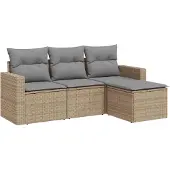 vidaXL 4-delige Loungeset met kussens poly rattan beige