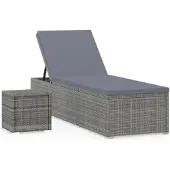 vidaXL Ligbed met kussen en theetafel poly rattan grijs