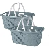 Storage solutions Wasmand met hengsel - 2x stuks - 38 liter - 60 cm - groen/wit - Draagwasmanden - Wasgoedmand - Mand met handvatten