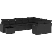 vidaXL 10-delige Loungeset met kussens poly rattan zwart