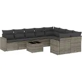 vidaXL 10-delige Loungeset met kussens poly rattan grijs