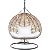 Vente-unique Tweezits hangstoel van beige gevlochten hars met wit kussen - VAHINA L 130 cm x H 195 cm x D 68 cm