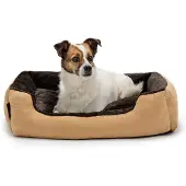 Lionto hondenbed, zacht knuffelbed met uitneembaar, omkeerbaar kussen en antislipbodem, 60x48 cm, beige/bruin