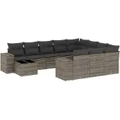 vidaXL 11-delige Loungeset met kussens poly rattan grijs