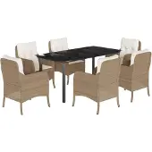 vidaXL 7-delige tuinset met kussens, beige, van polyrotan