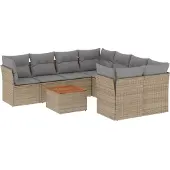 vidaXL 9-delige tuinmeubelset met kussens, beige, van polyrotan