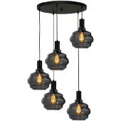 Masterlight 5-lichts vide hanglamp - zwart - Porto met Ball smoke glazen - Ø 24cm