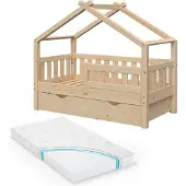 VitaliSpa Design Huisbed – 70x140 cm met lade en matras Natuurlijk hout