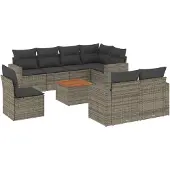 vidaXL 9-delige tuinmeubelset met kussens, grijs, polyrotan