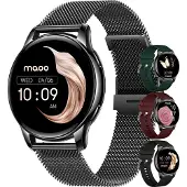 Maoo Ventura AMOLED Smartwatch Dames – RVS & 4x Siliconen Bandjes – Stappenteller, Hartslagmeter, Slaapmonitor, Multisport, Notificaties, Bellen, GPS, Android & iOS – Zwart