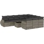 vidaXL 11-delige loungeset voor de tuin met kussens, grijs, polyrotan
