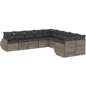 vidaXL 10-delige Loungeset met kussens poly rattan grijs