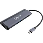 InLine USB-C multiport adapter | DP 4K 60Hz, HDMI 4K 60Hz, USB-A+C, RJ45 en SD | PD 100W | aluminium | 0,15 meter