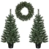 Black Box Trees Glendon - Set van 2 Kerstbomen en 1 Krans met LED Verlichting - Groen