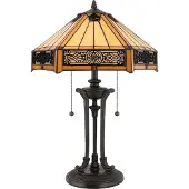 QUOIZEL Tiffany tafellamp Indus, brons / oud-messing, Woon-/ Eetkamer, Glas, Tiffany, tafellamp