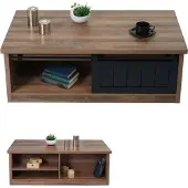 Mendler Salontafel -K75, bijzettafel woonkamertafel, schuifdeur 6 opbergvakken, houtlook metaal 44x120x60cm ~ bruin