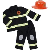 Den Goda Fen Verkleedkledij Brandweerman - Kostuum bestaande uit jas, broek, helm en bivakmuts - 110-116cm - 4-6 jaar - Zwart