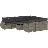 vidaXL 11-delige Loungeset met kussens poly rattan grijs