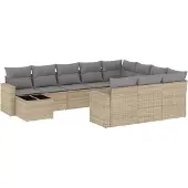 vidaXL 11-delige Tuinset met kussens poly rattan beige