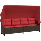 vidaXL Ligbed met luifel en kussens poly rattan bruin