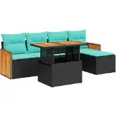 vidaXL 6-delige Loungeset met kussens poly rattan acacia zwart