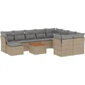 vidaXL 11-delige Tuinset met kussens poly rattan beige
