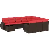 vidaXL 11-delige tuinbankset met kussens, bruin polyrotan