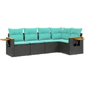 vidaXL 5-delige Loungeset met kussens poly rattan zwart