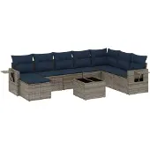 vidaXL 9-delige tuinbankset met kussens, grijs polyrotan